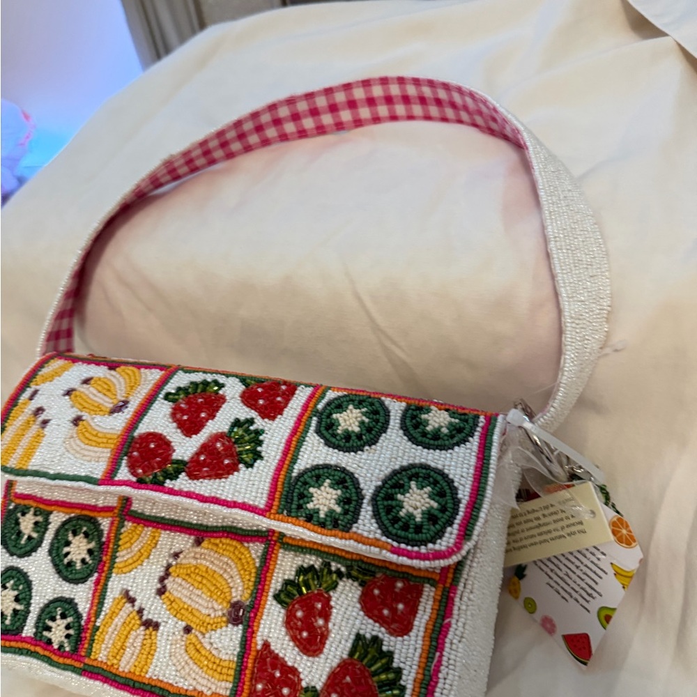 Beaded Fruit Patchwork Shoulder Bag - Pink Strap … - image 3